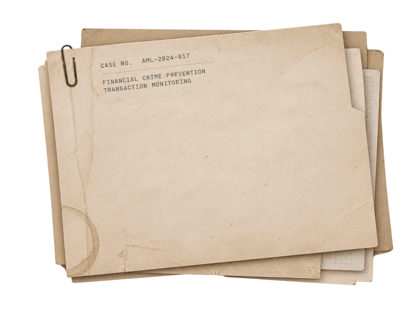 Case file AML-2024-017 with an alert log, investigation photo and evidence stamp