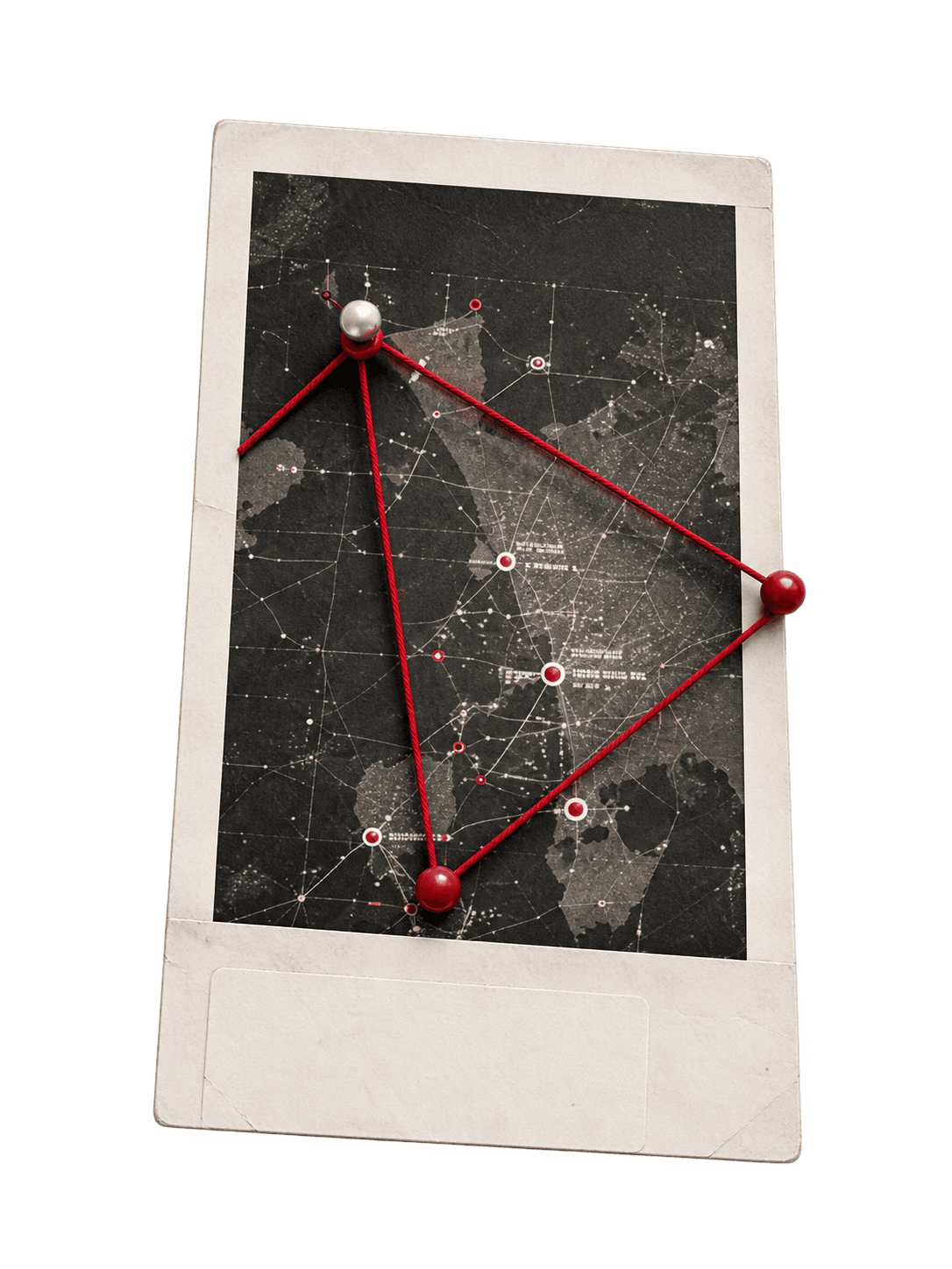 A pinned map, threaded together like an investigation board