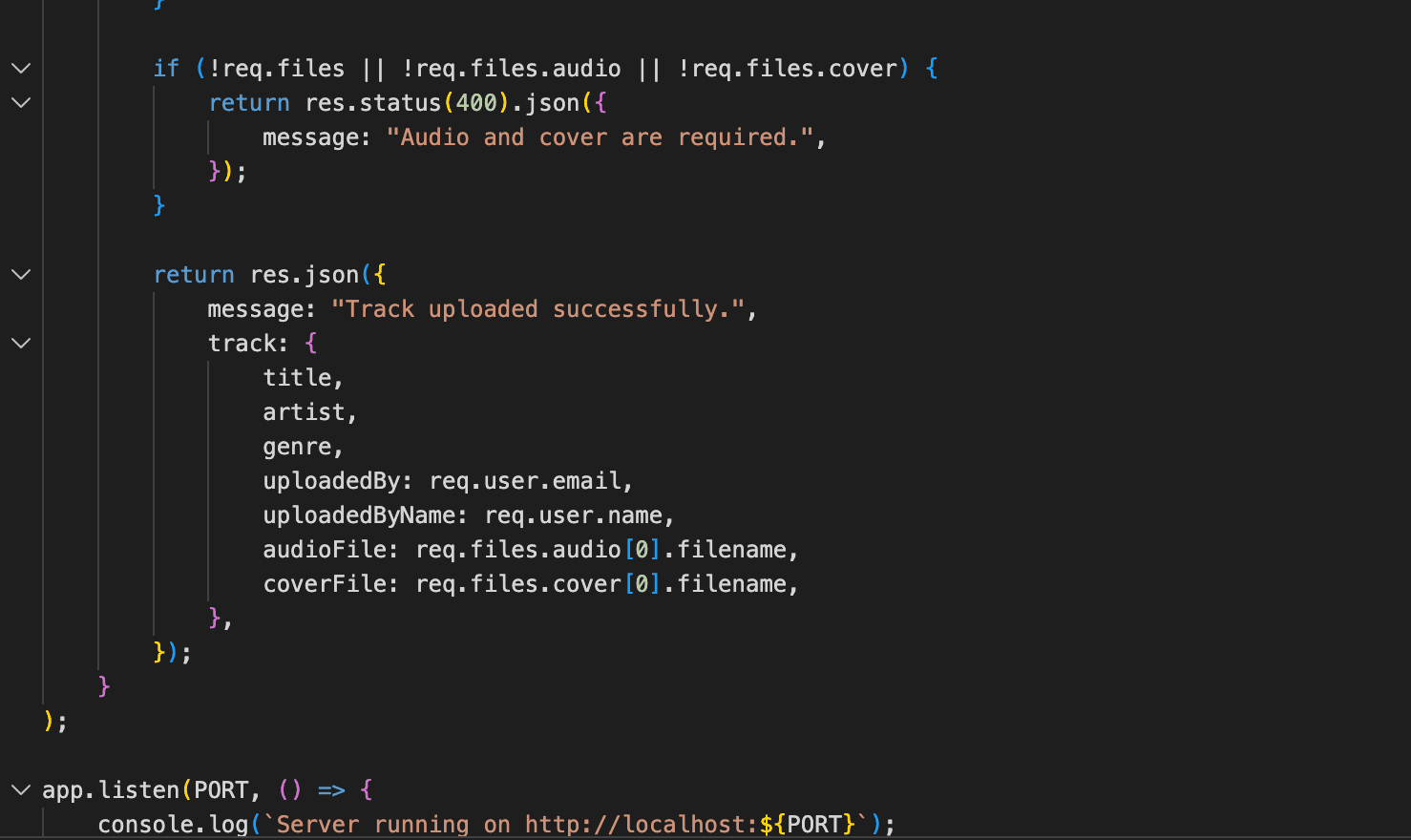 Backend route handler code for uploading a track